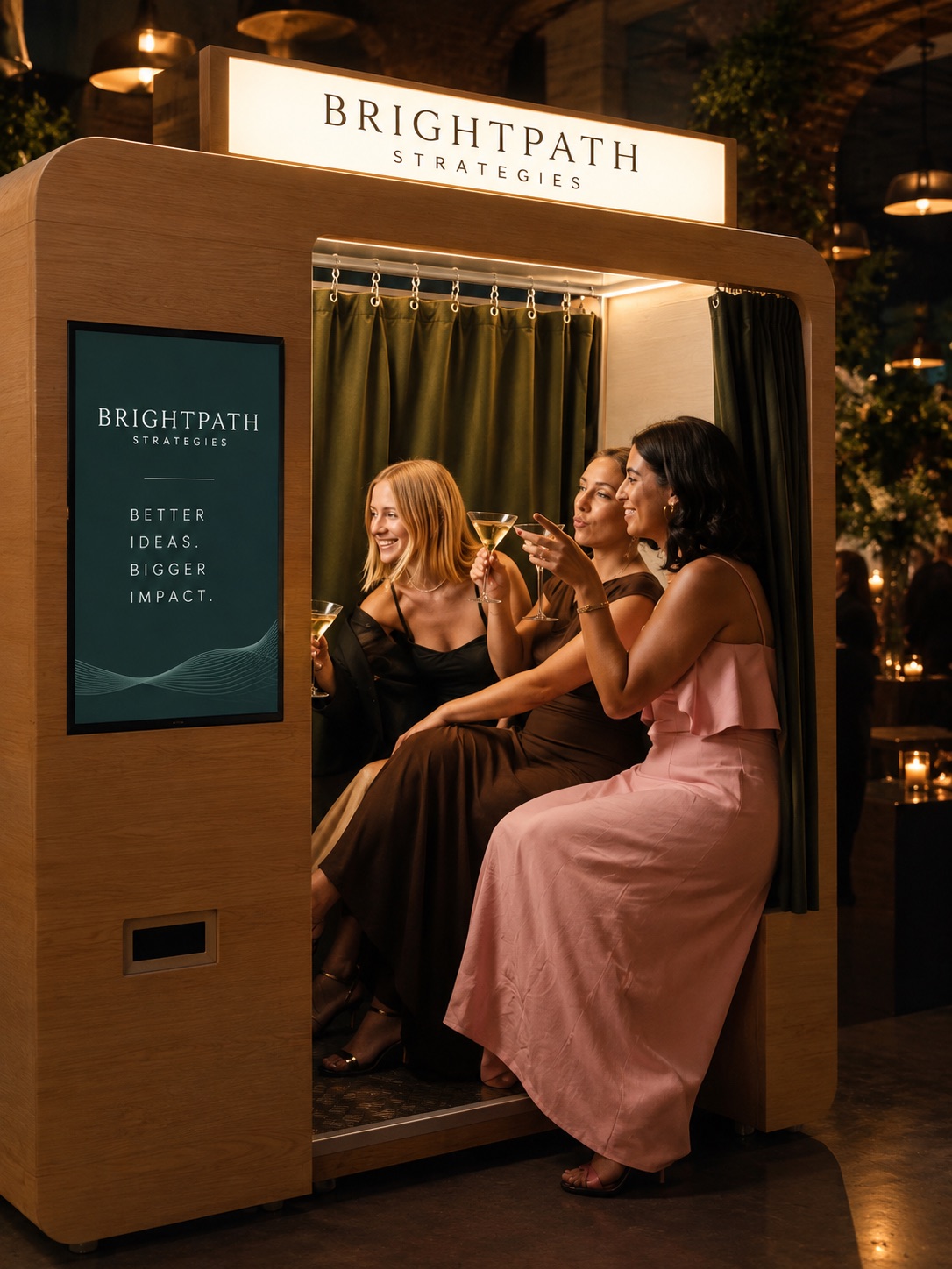 Guests toasting inside a Brightpath Strategies branded photo booth