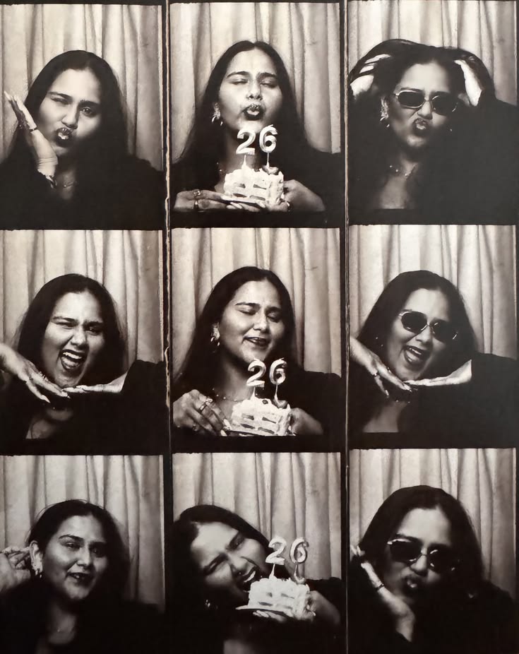 Black and white photo strip of a friend celebrating her 26th birthday